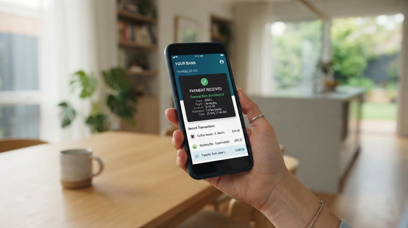 Australian mobile banking app showing real-time PayID transfer from casino
