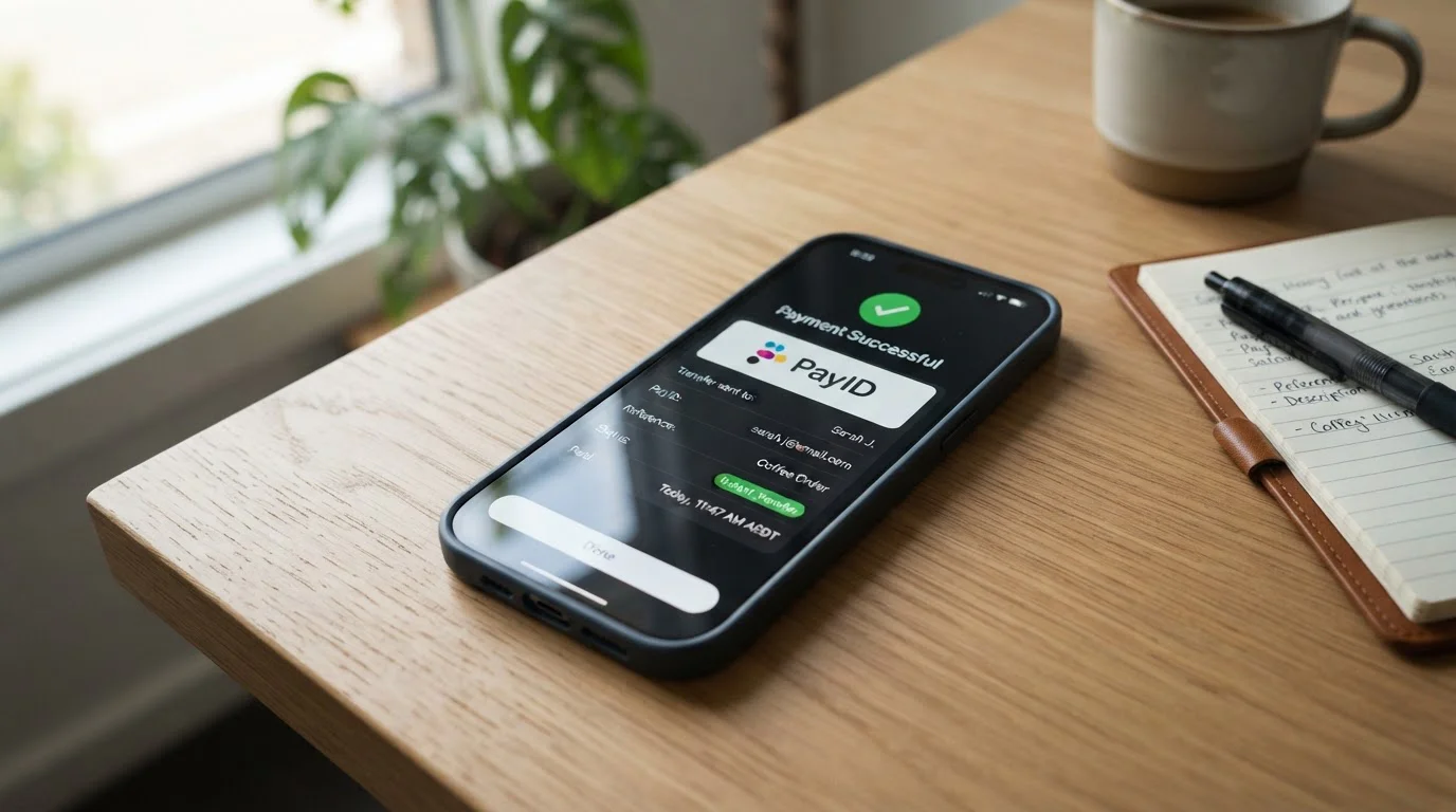 Smartphone displaying PayID payment confirmation with fast transfer time