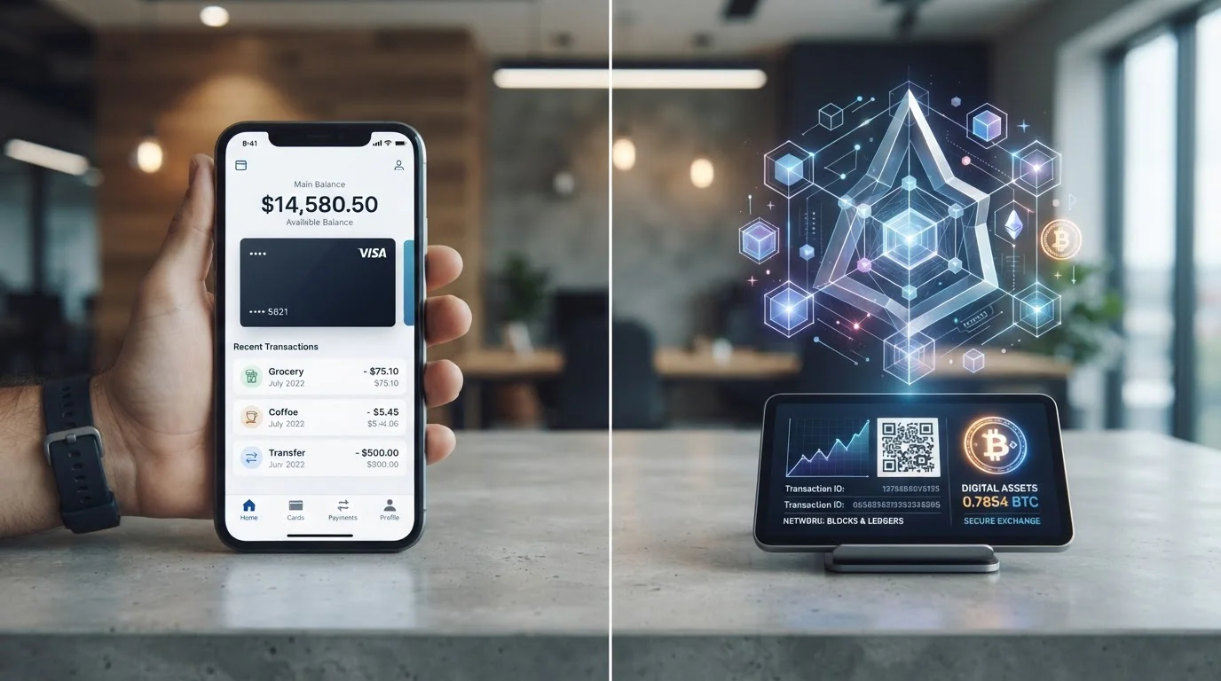 PayID mobile banking interface compared with cryptocurrency wallet