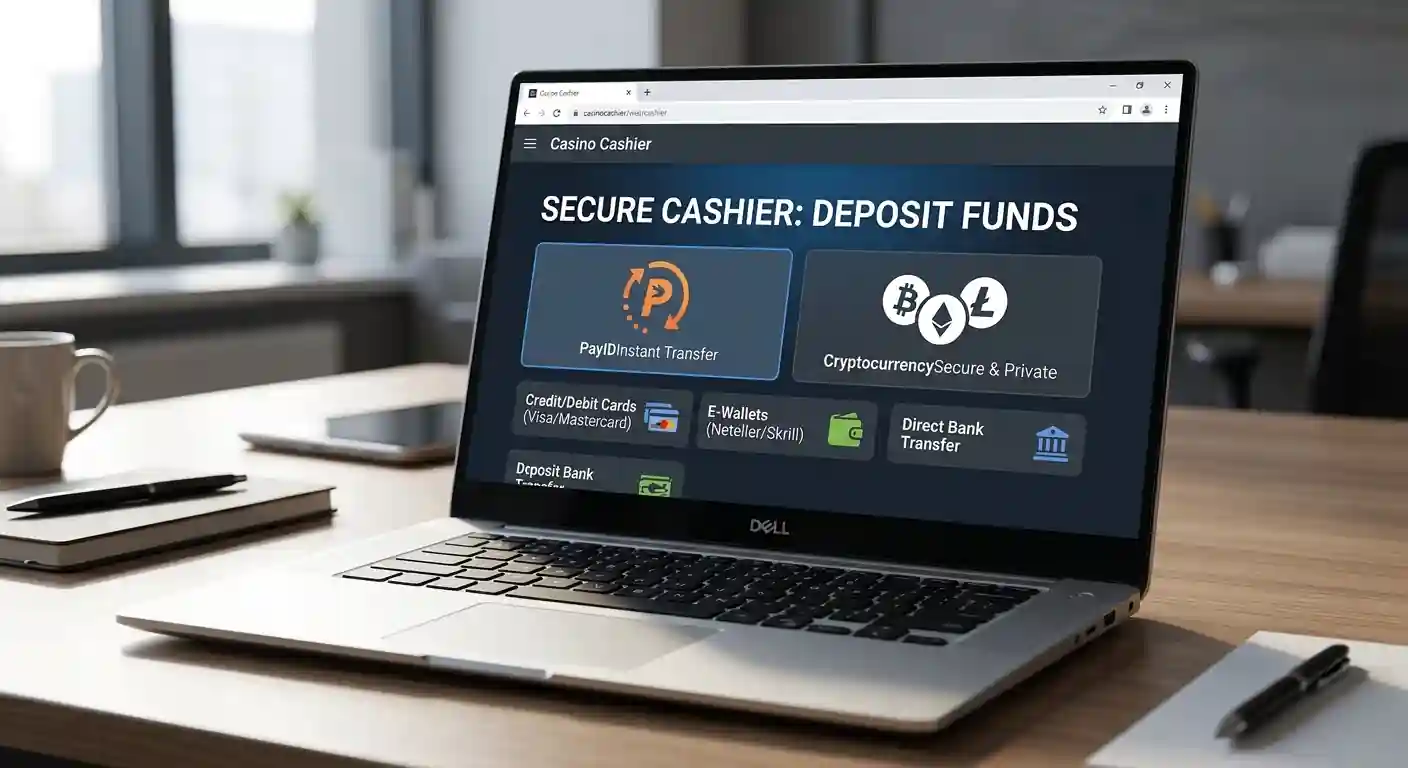 PayID and cryptocurrency payment logos on casino cashier screen