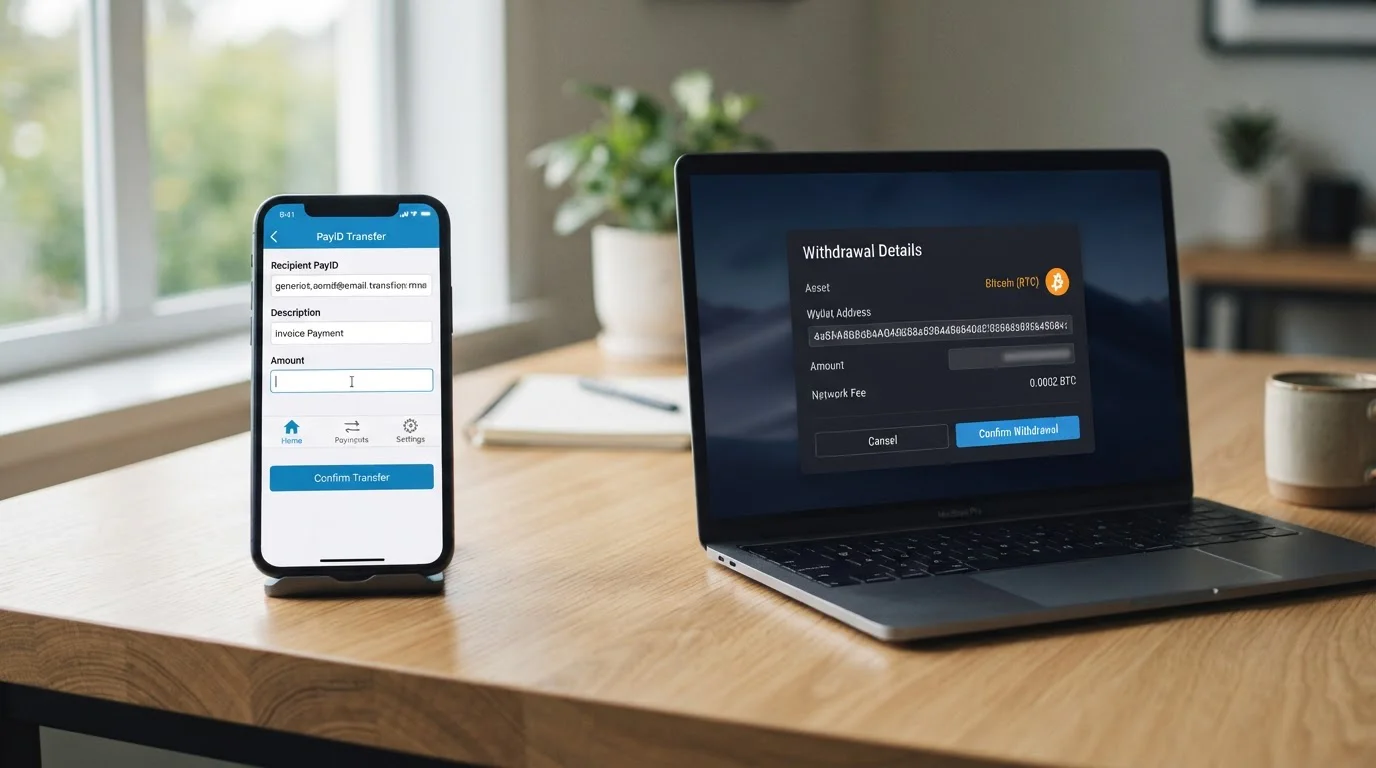 Comparison of payment methods showing Bitcoin wallet crypto withdrawal and PayID smartphone transfer