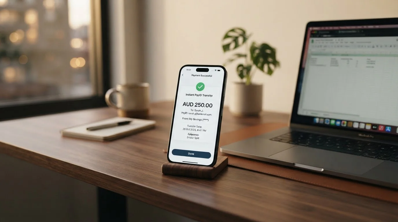 PayID New Payments Platform real-time transfer interface on smartphone