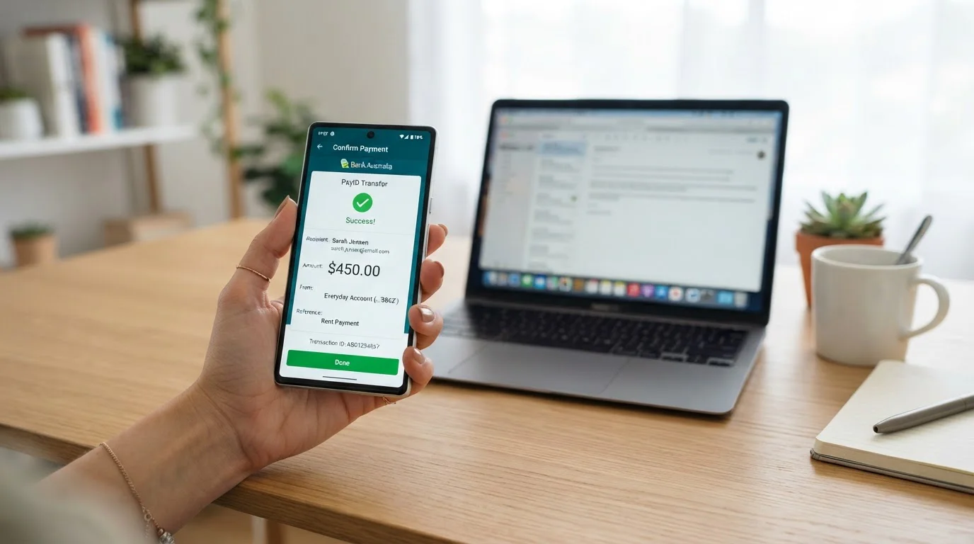 Mobile phone displaying PayID transfer screen next to laptop