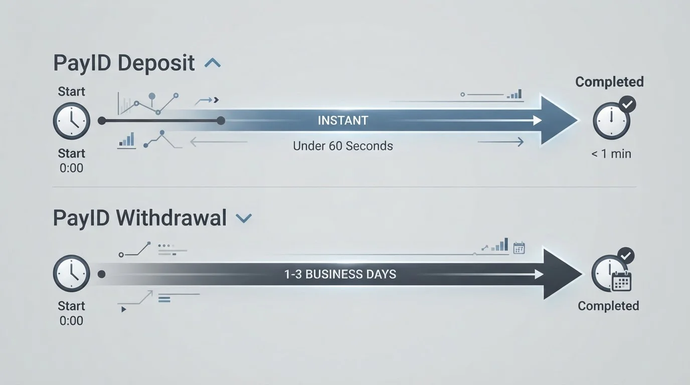 Timeline diagram showing PayID deposit instant versus withdrawal three-day delay