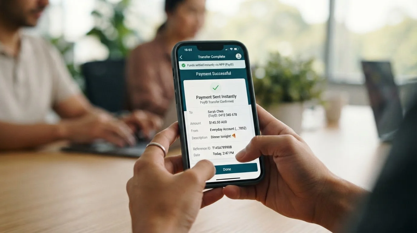 PayID instant transfer screen showing real-time settlement to Australian bank account