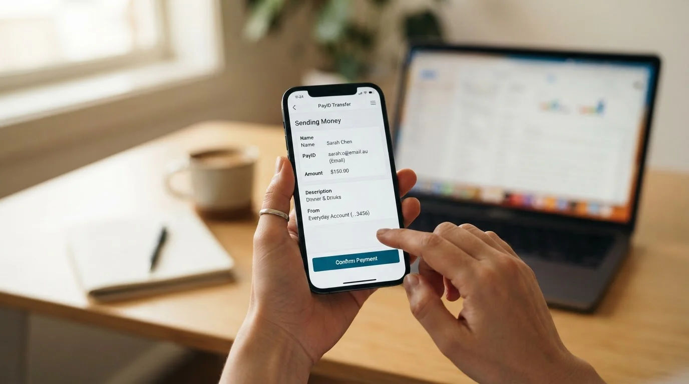Smartphone showing PayID transfer screen with bank app interface