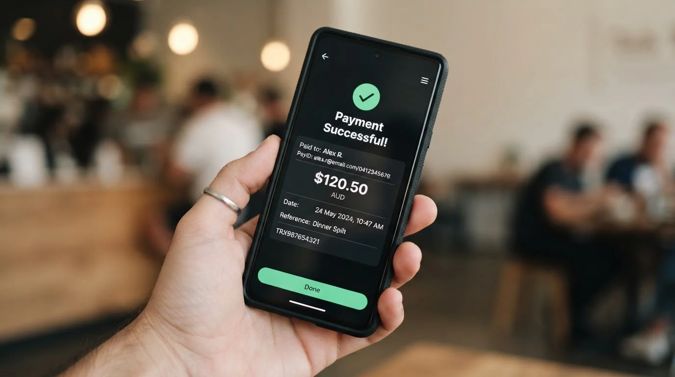 Mobile phone showing PayID transfer screen with instant bank payment interface