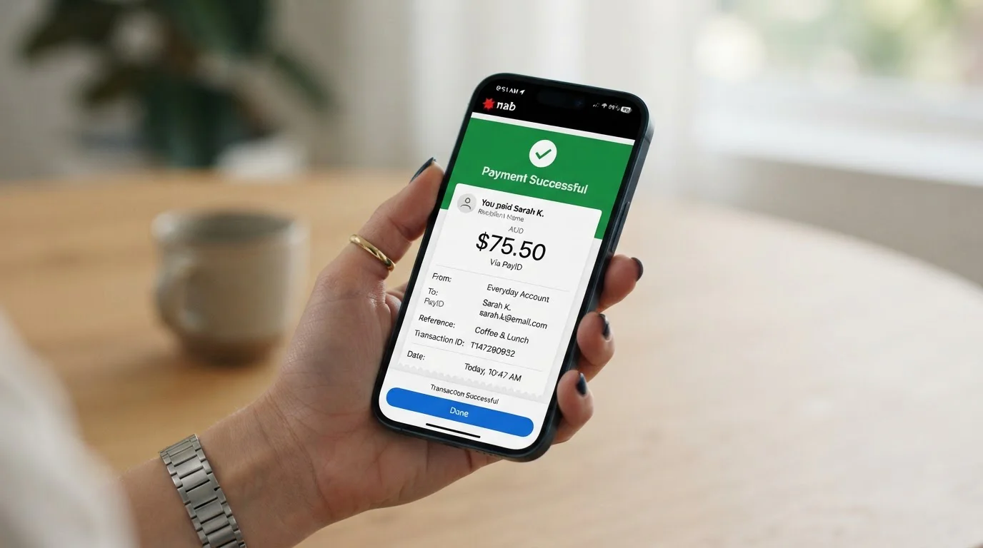 PayID smartphone interface showing instant bank transfer confirmation