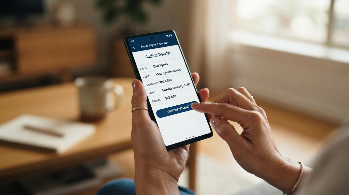 Person approving PayID transfer in banking app on smartphone