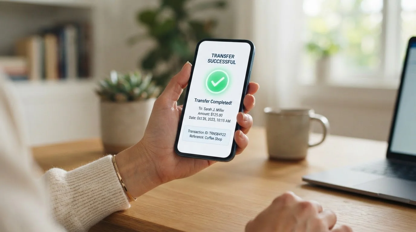 Person using PayID on mobile banking app with instant transfer confirmation