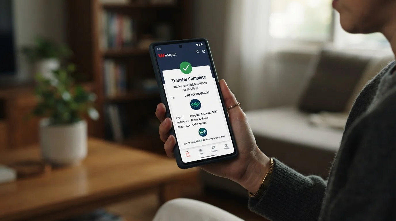Mobile phone displaying PayID transfer confirmation screen with Australian bank app interface