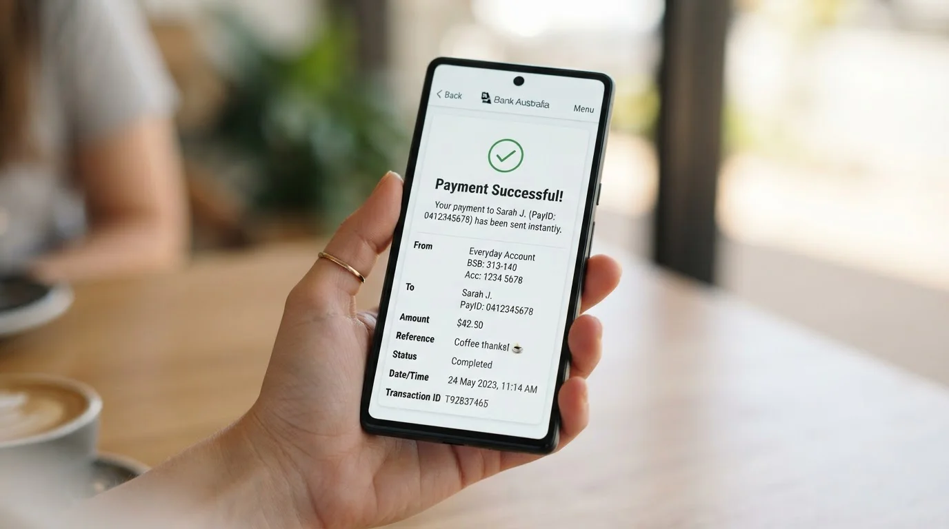 Australian banking app showing PayID instant transfer confirmation screen