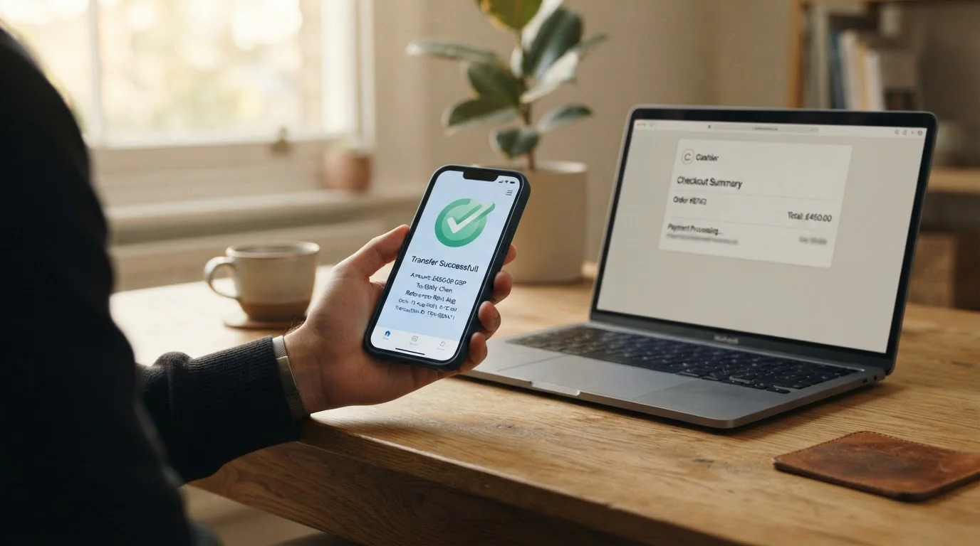 Close view of a smartphone showing a neutral banking app confirmation screen next to a laptop displaying a plain cashier interface, calm morning light
