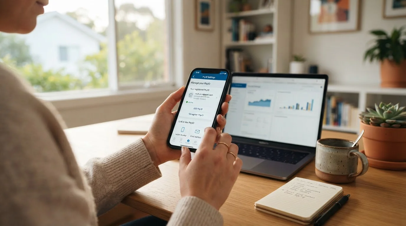 Smartphone showing PayID setup screen in banking app with laptop in background
