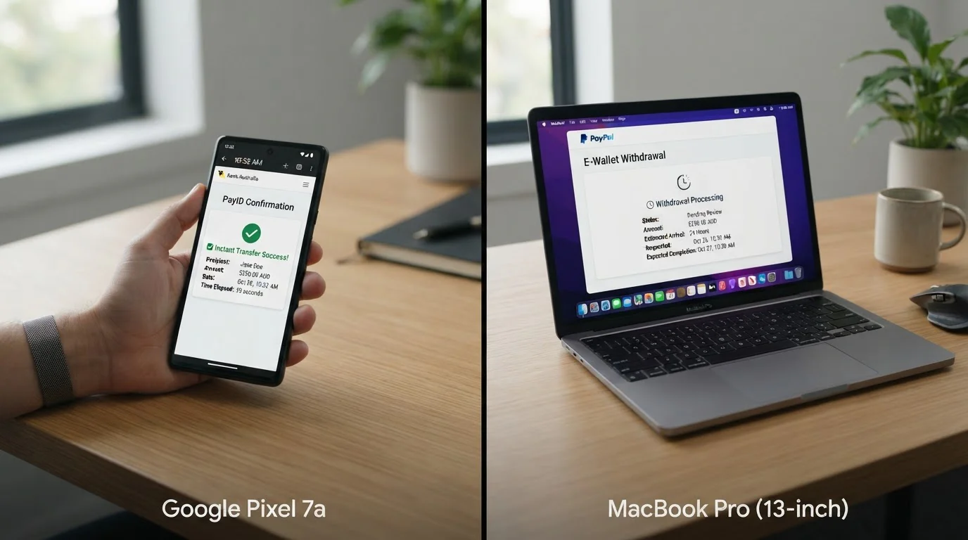 Split-screen comparison of PayID instant transfer versus e-wallet withdrawal timeline