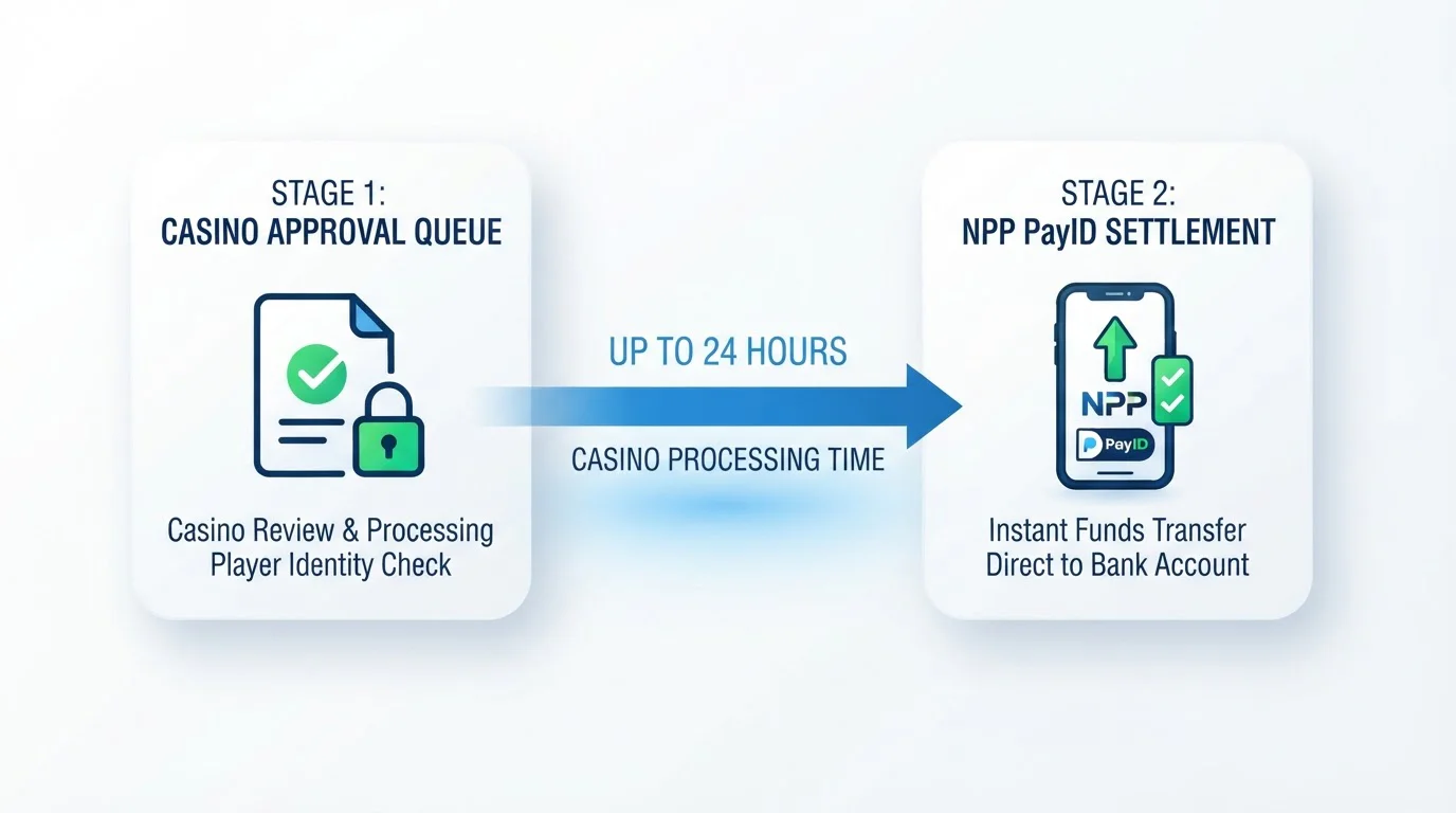 Diagram showing two-stage casino withdrawal process with approval queue and NPP transfer