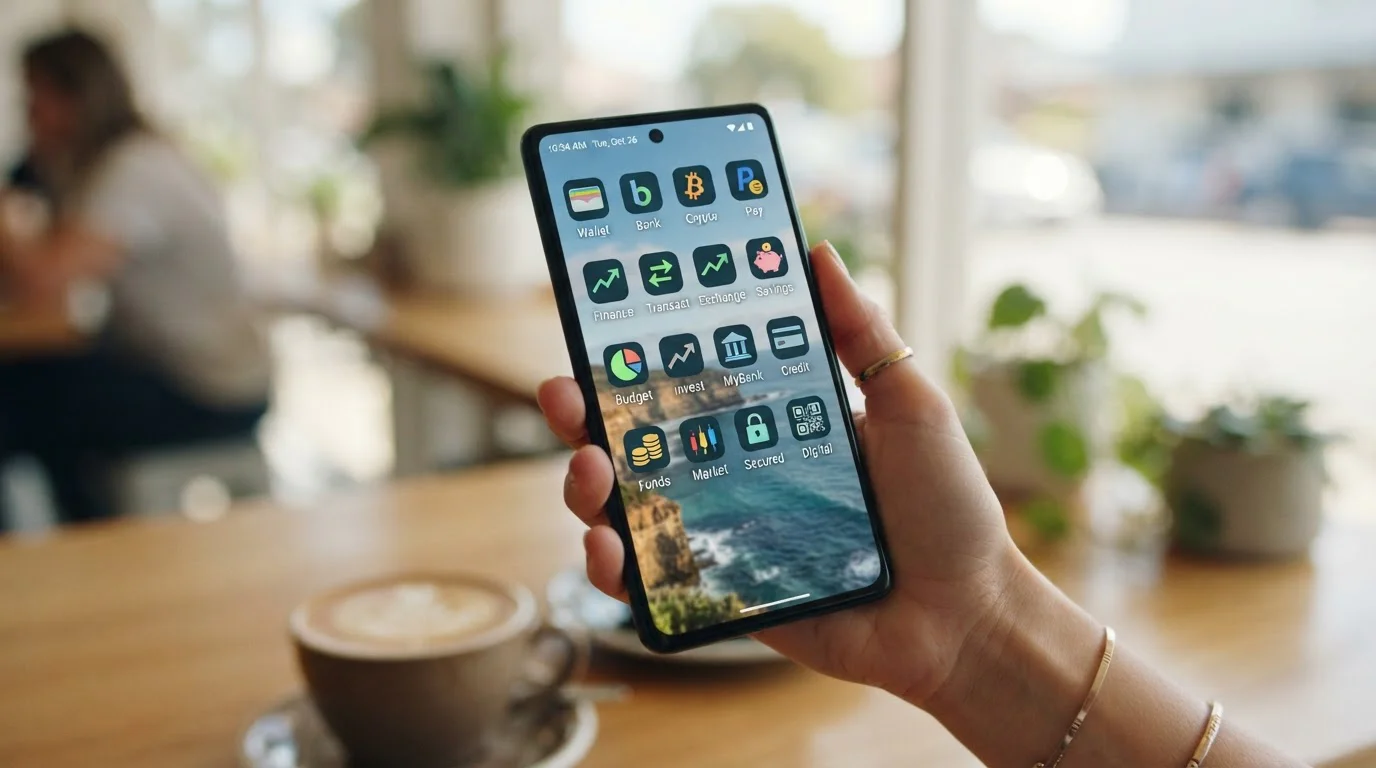 Mobile phone screen showing PayID, cryptocurrency wallet, and e-wallet app icons side by side