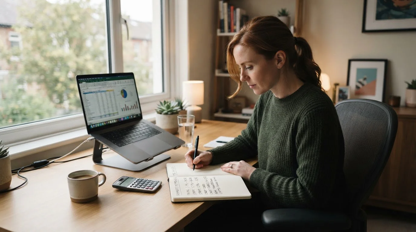 Person comparing payment method fees on notepad while using laptop for casino banking