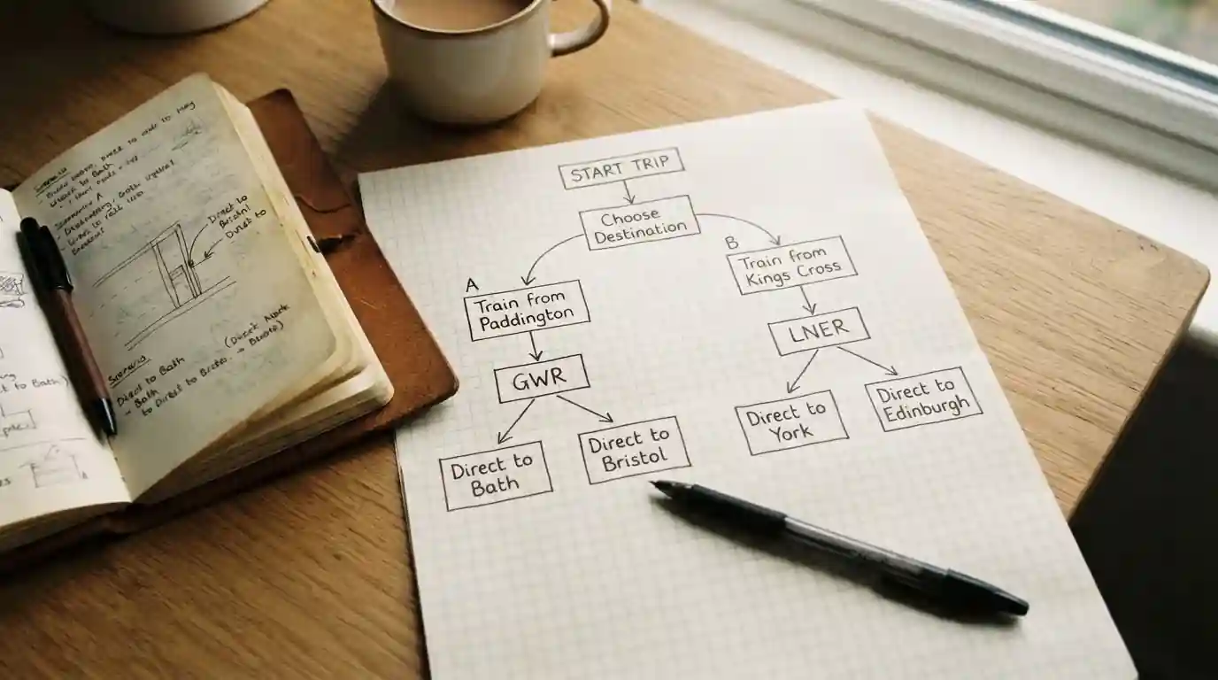 Photorealistic top-down of a hand-drawn decision diagram on graph paper with arrows connecting scenario labels to rail labels, notebook open, pen resting to the side