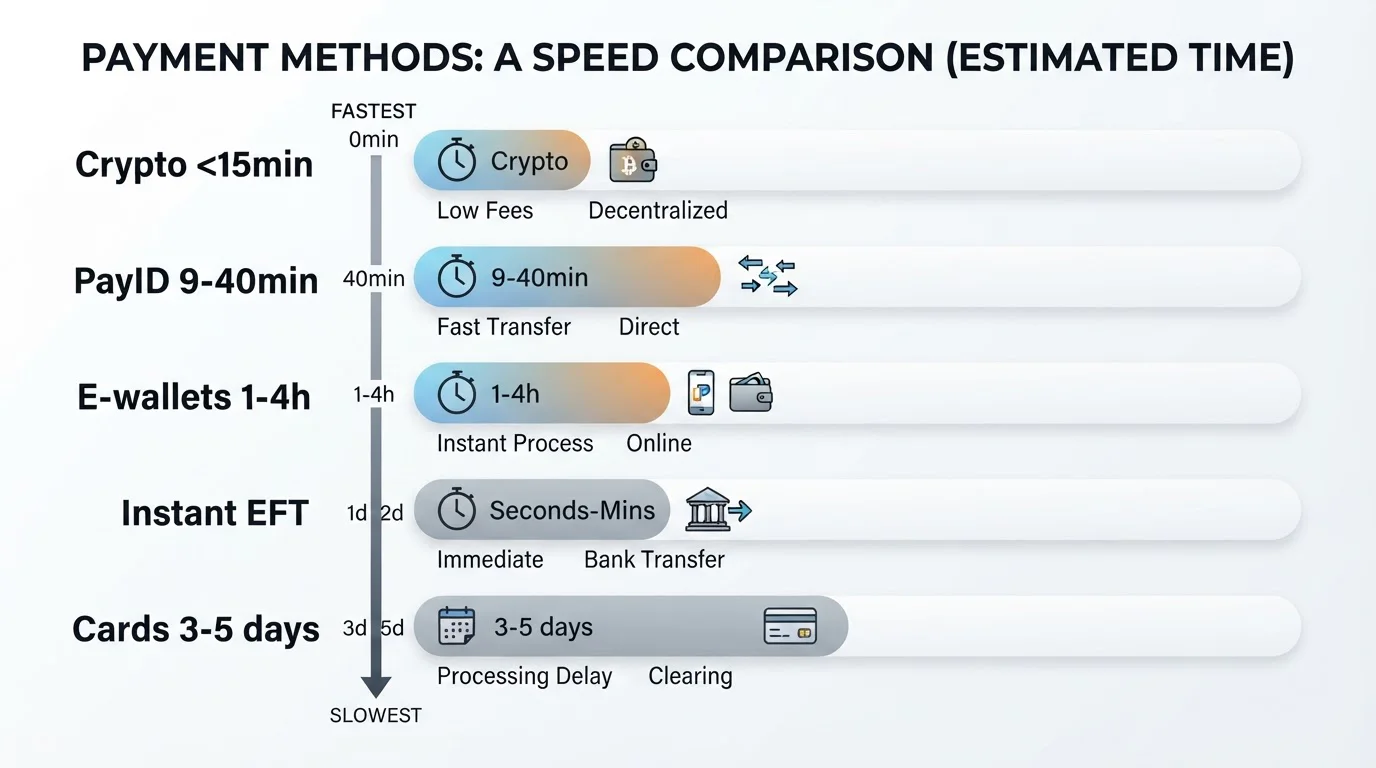 Side-by-side comparison of payment method speed tiers showing crypto, PayID, e-wallets, and cards