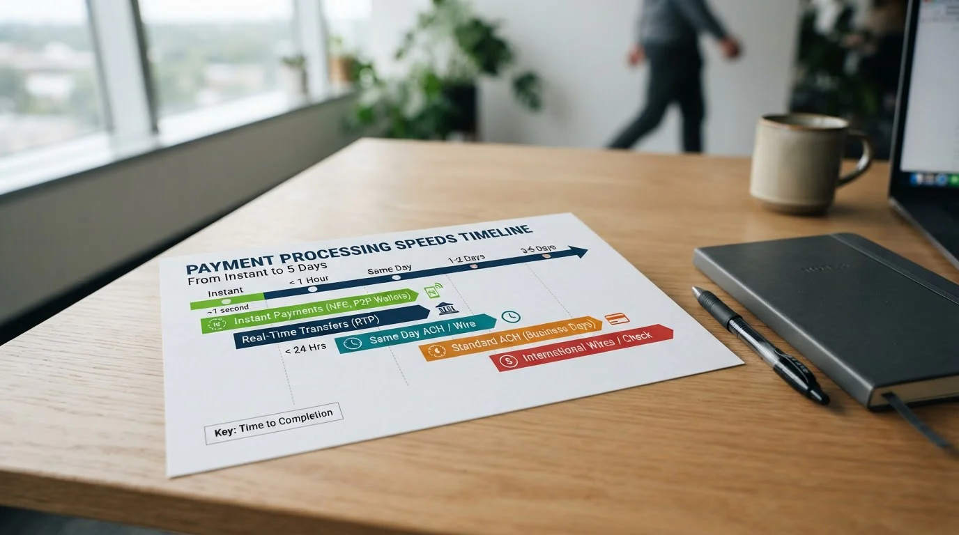 Timeline chart showing payment method processing speeds from instant to five days