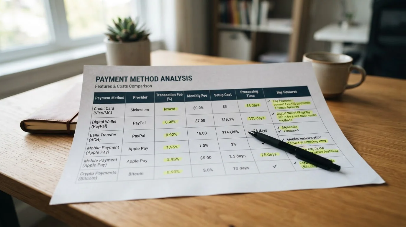 Payment method comparison table on desk with calculator and notebook