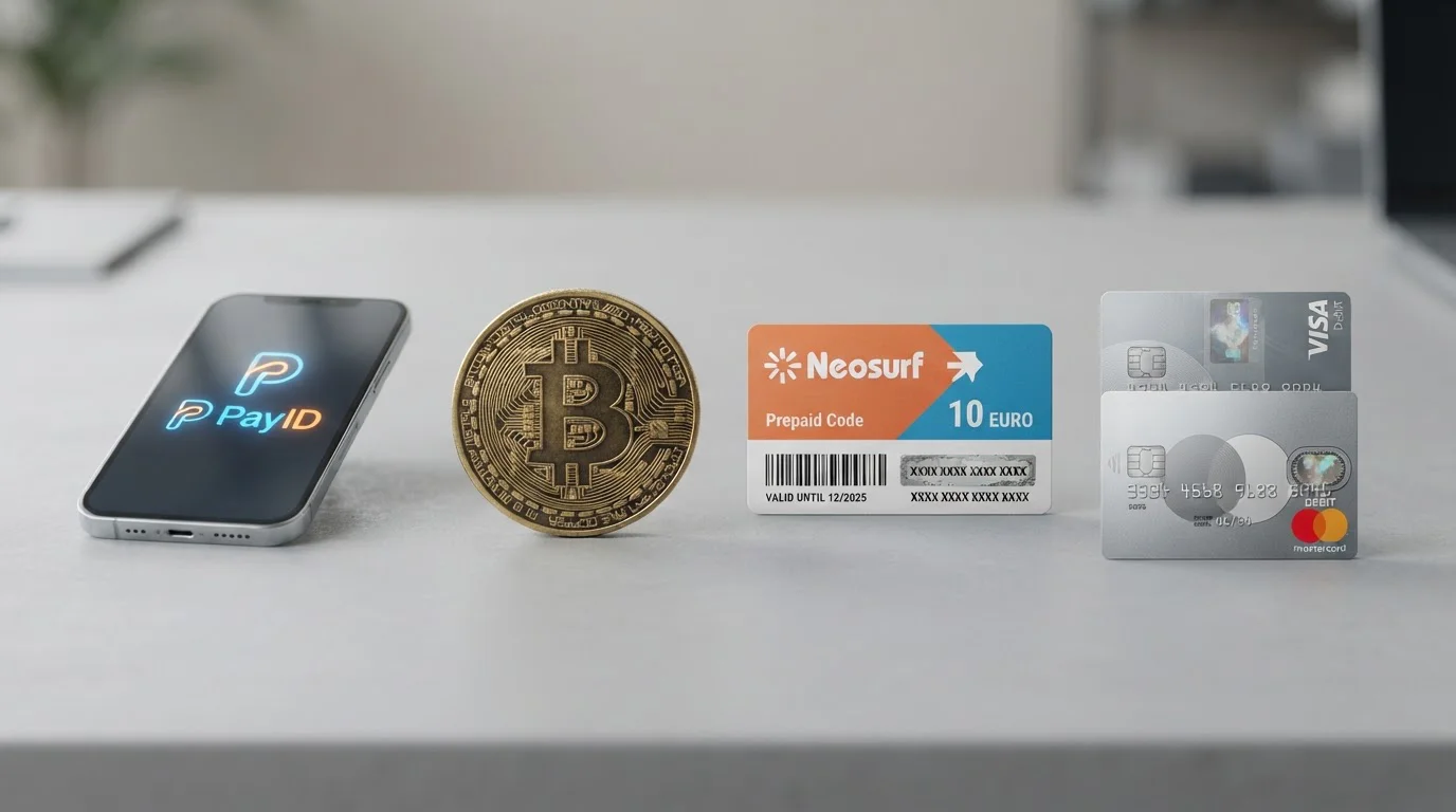 Australian payment methods comparison showing PayID, crypto, Neosurf vouchers, and direct card entry