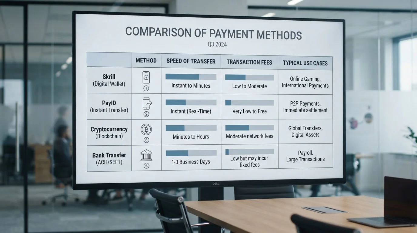 Payment method comparison chart showing Skrill PayID crypto and bank transfer options