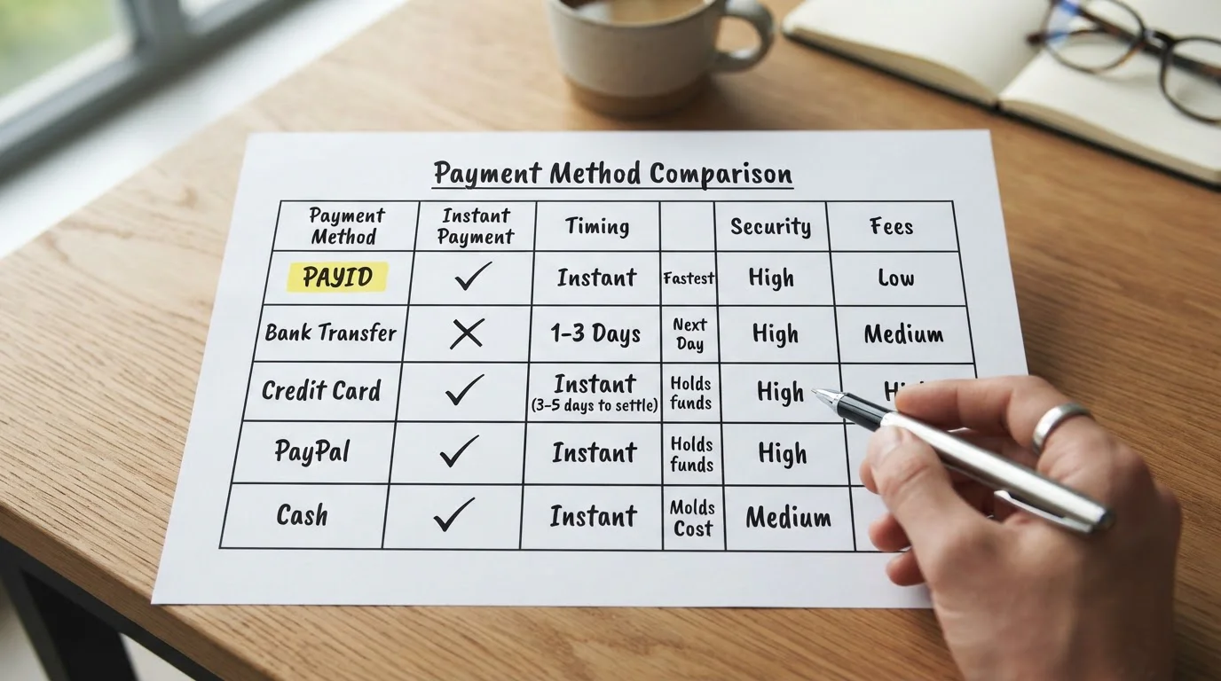 Comparison chart on paper showing payment methods with checkmarks and timing notes