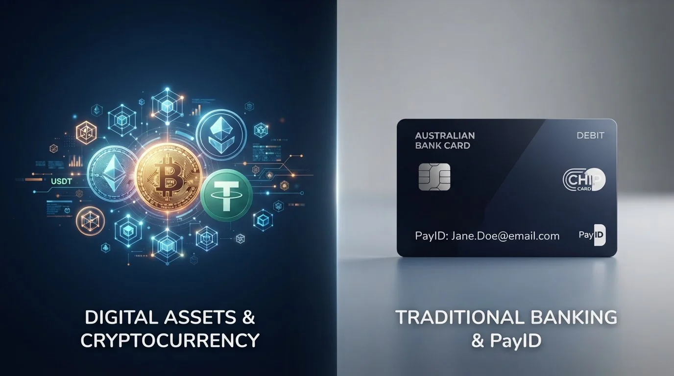 Payment methods comparison showing cryptocurrency and PayID options