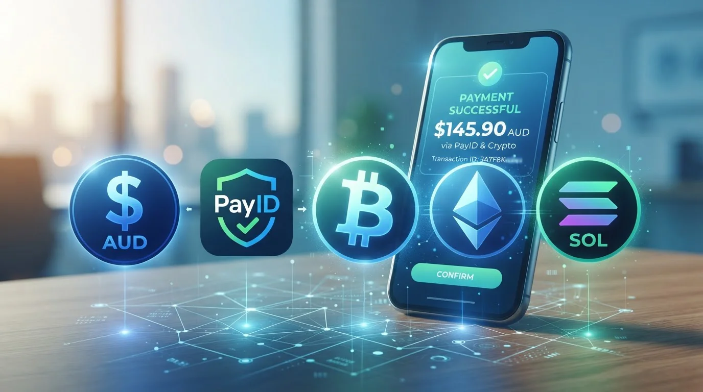 PayID and cryptocurrency icons with Australian dollars showing fast digital payment options for casino withdrawals