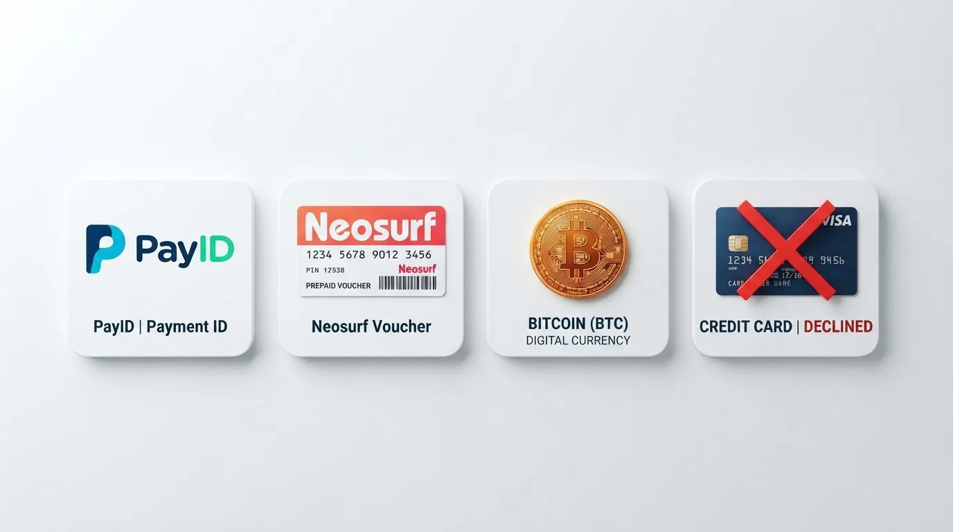 Diagram showing PayID, Neosurf voucher, Bitcoin symbol, and declined credit card