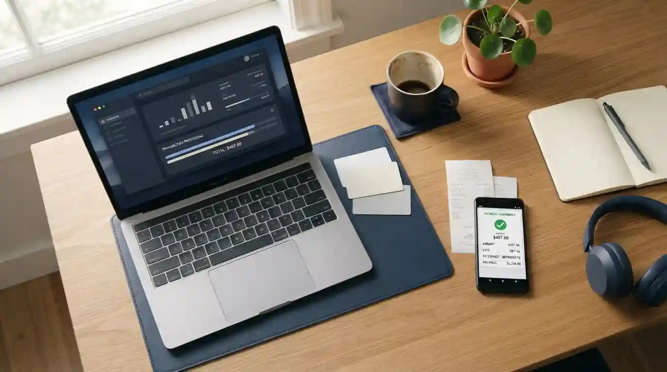 Editorial desktop scene mapping the flow of Australian dollars between a laptop cashier interface and a stack of neutral payment cards, voucher receipts and a smartphone banking app