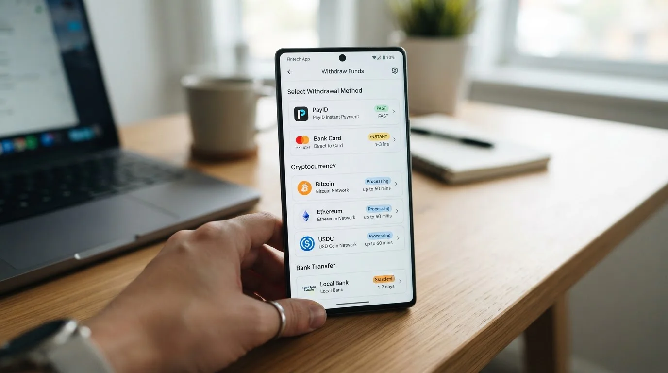 Mobile phone displaying multiple payment methods including PayID and crypto options