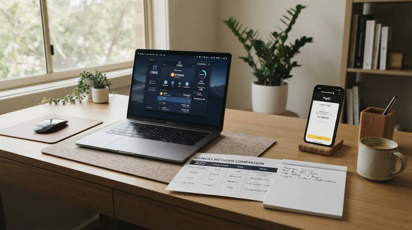 Comparison of payment methods showing crypto, PayID, e-wallets and bank transfer timing