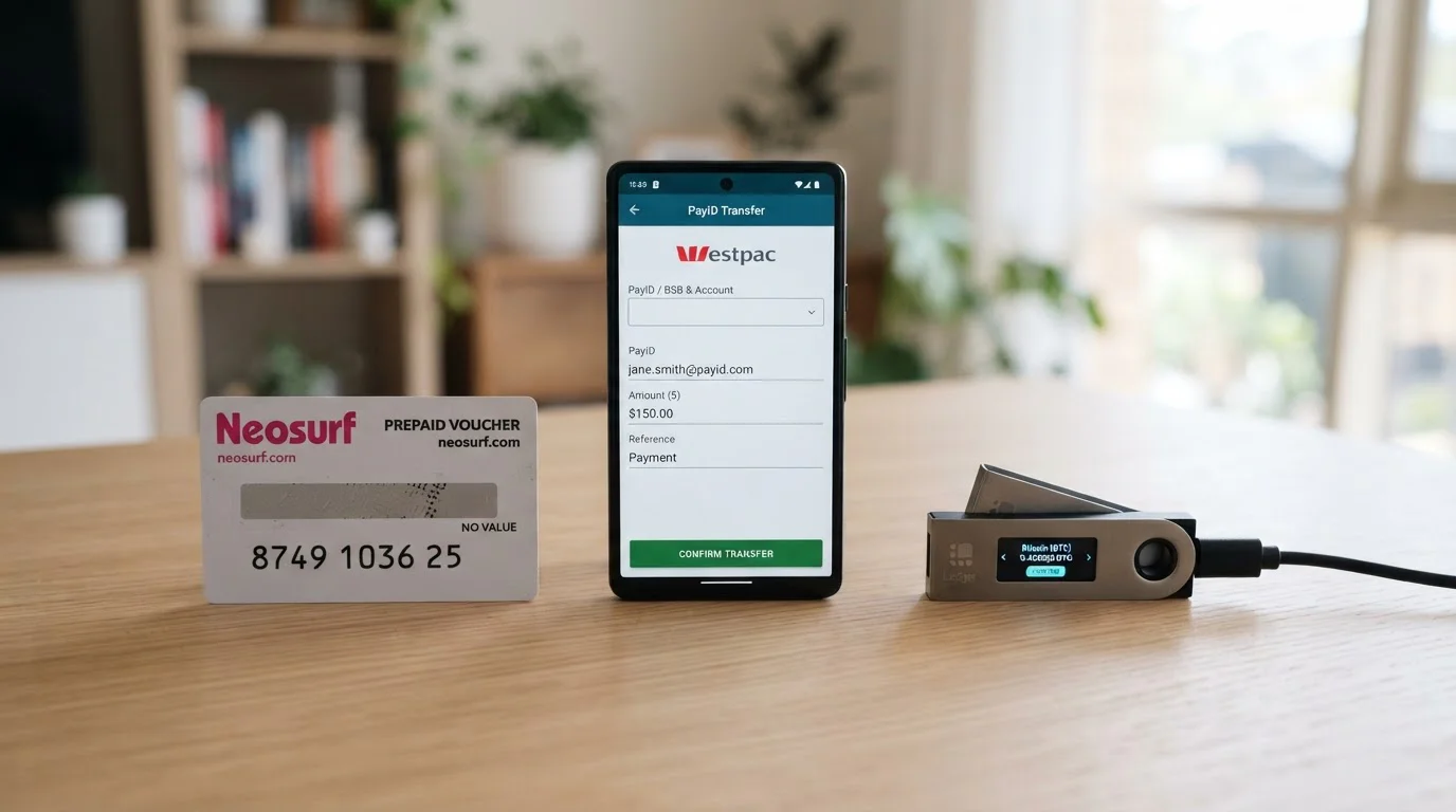 Payment method comparison showing Neosurf voucher PayID mobile transfer and cryptocurrency wallet