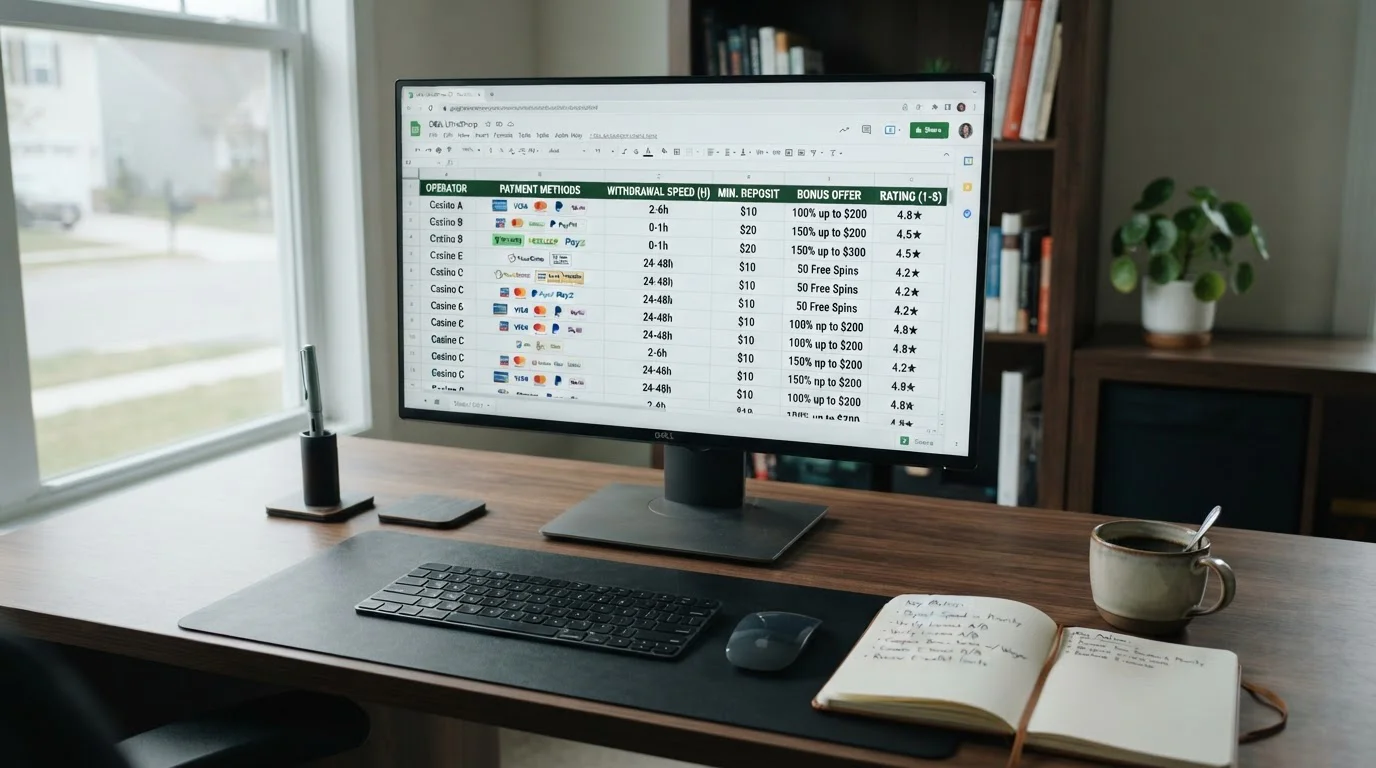 Desktop workspace showing casino comparison spreadsheet with PayPal deposit columns highlighted