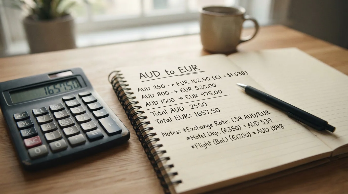 Calculator showing currency conversion from AUD to EUR with conversion spread highlighted