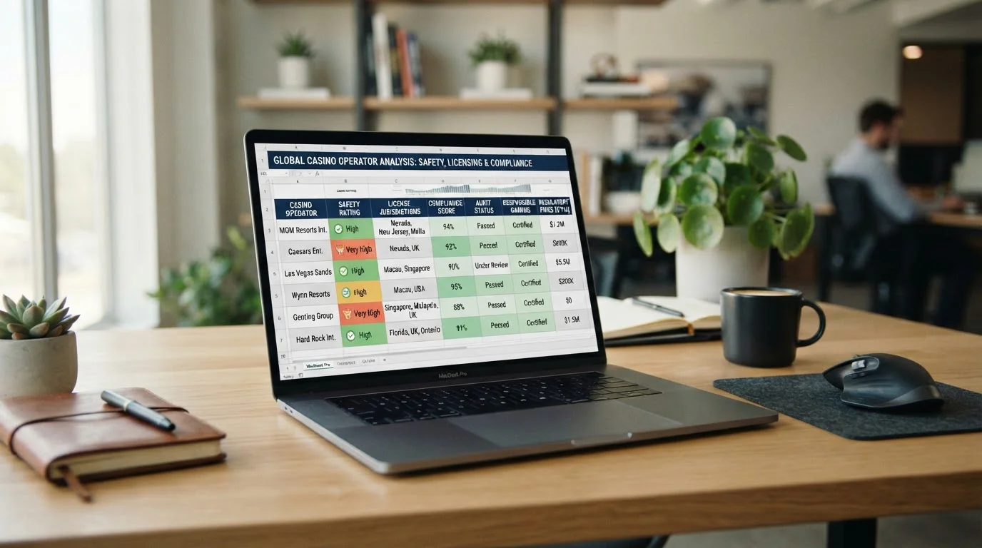 Laptop displaying casino comparison table with safety ratings and licence information