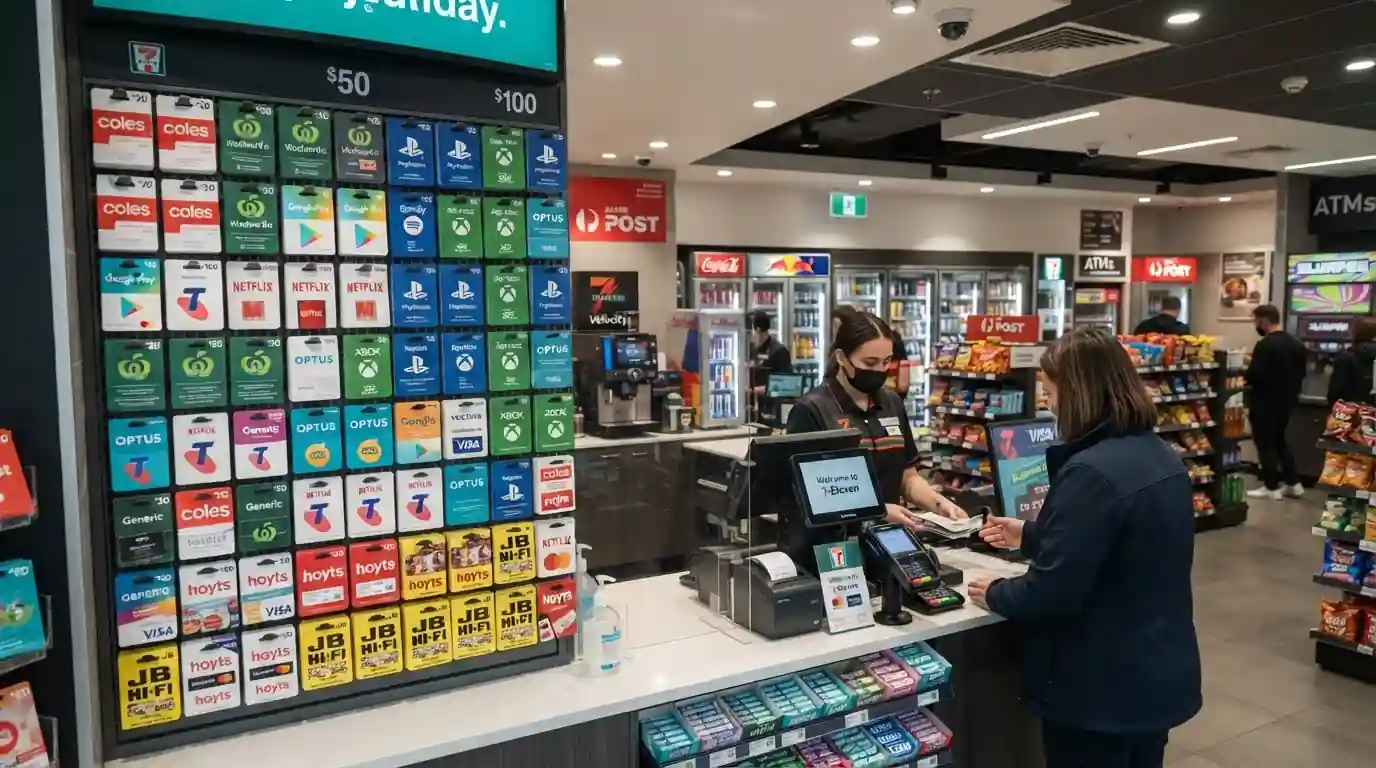 7-Eleven counter with prepaid voucher display including Paysafecard