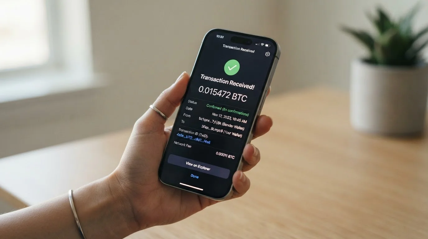 Smartphone displaying crypto wallet receiving Bitcoin withdrawal from casino