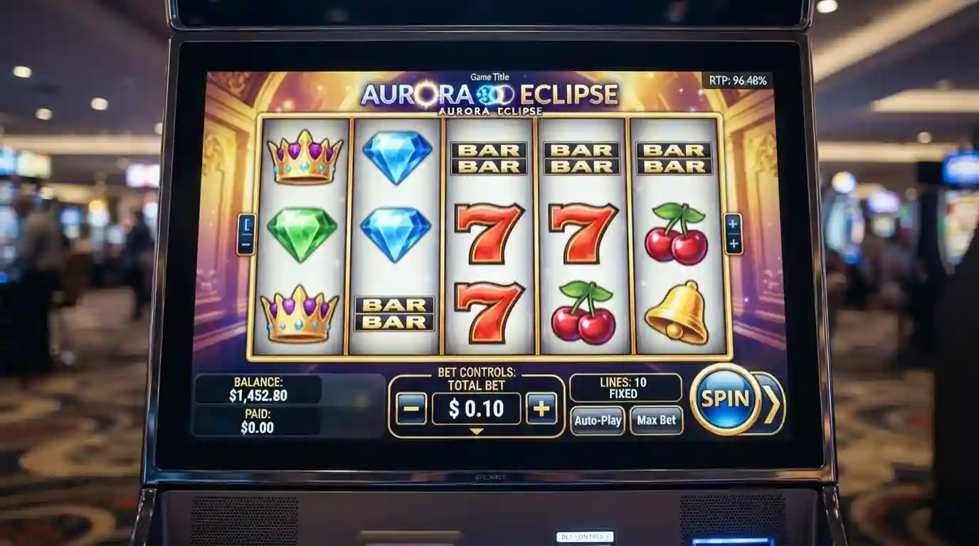 Pokie reels showing RTP percentage display and bet size selector at low stake