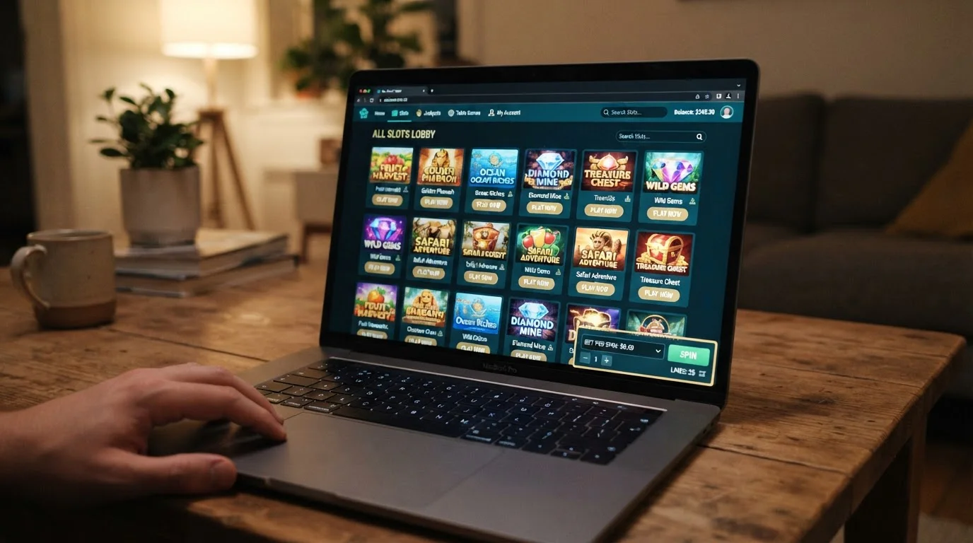 Laptop screen showing pokie game library with bet size selector at fifty cents per spin