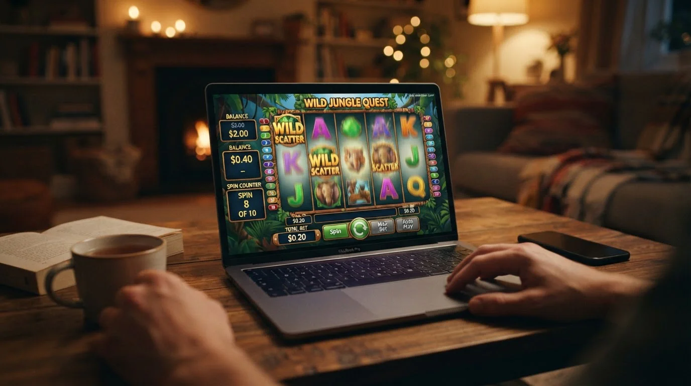 Pokie game screen showing spin counter and balance depleting from $2 to zero in ten spins