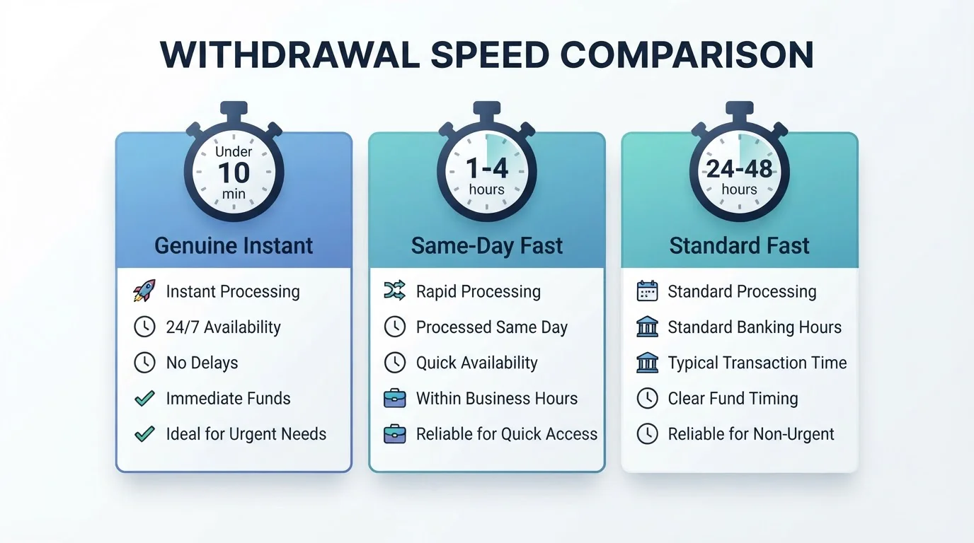 Comparison chart showing three withdrawal speed tiers with stopwatch icons