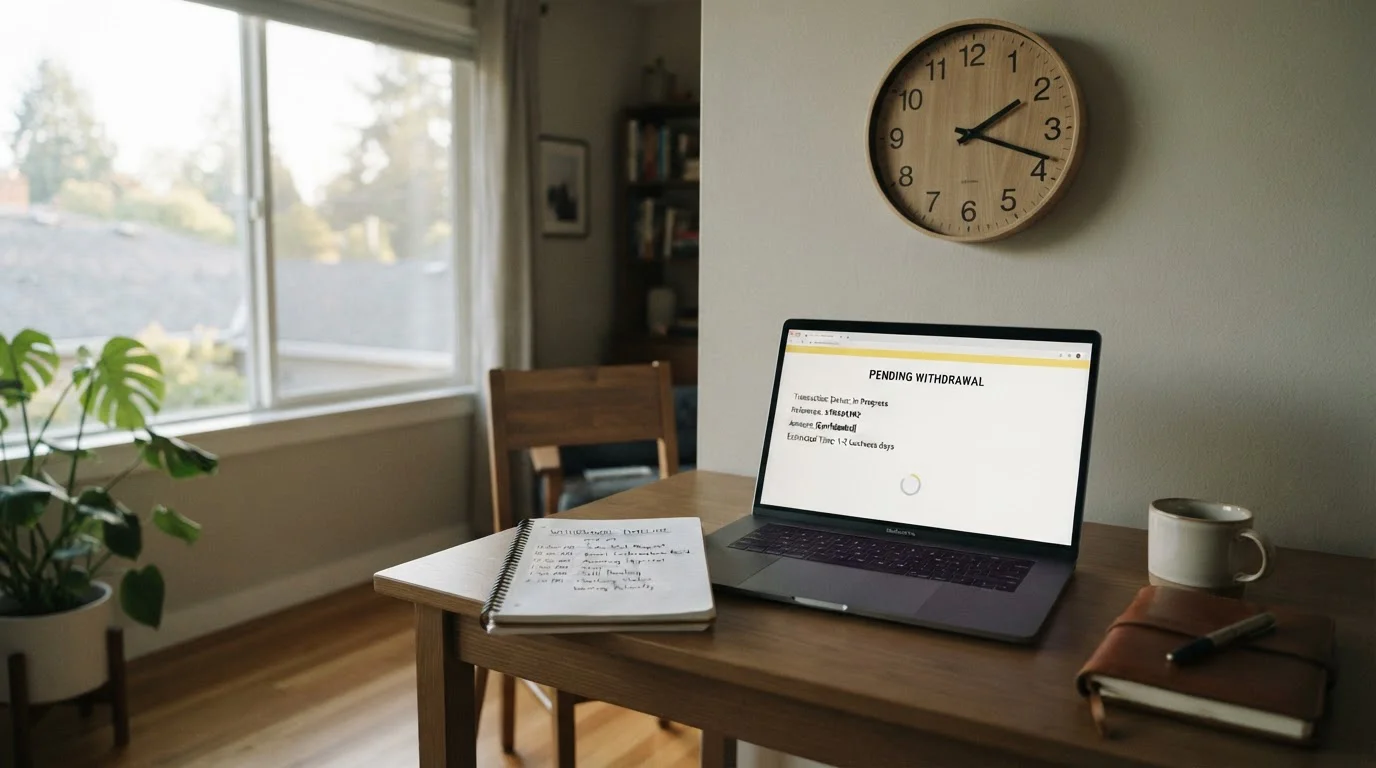 Laptop displaying pending withdrawal status with clock showing passage of time