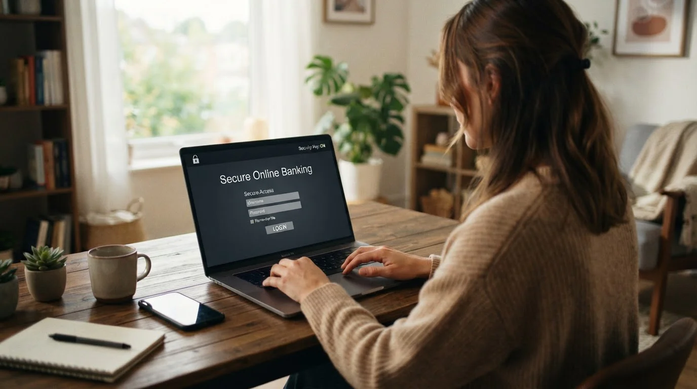 Person using online banking on laptop for instant payment transfer