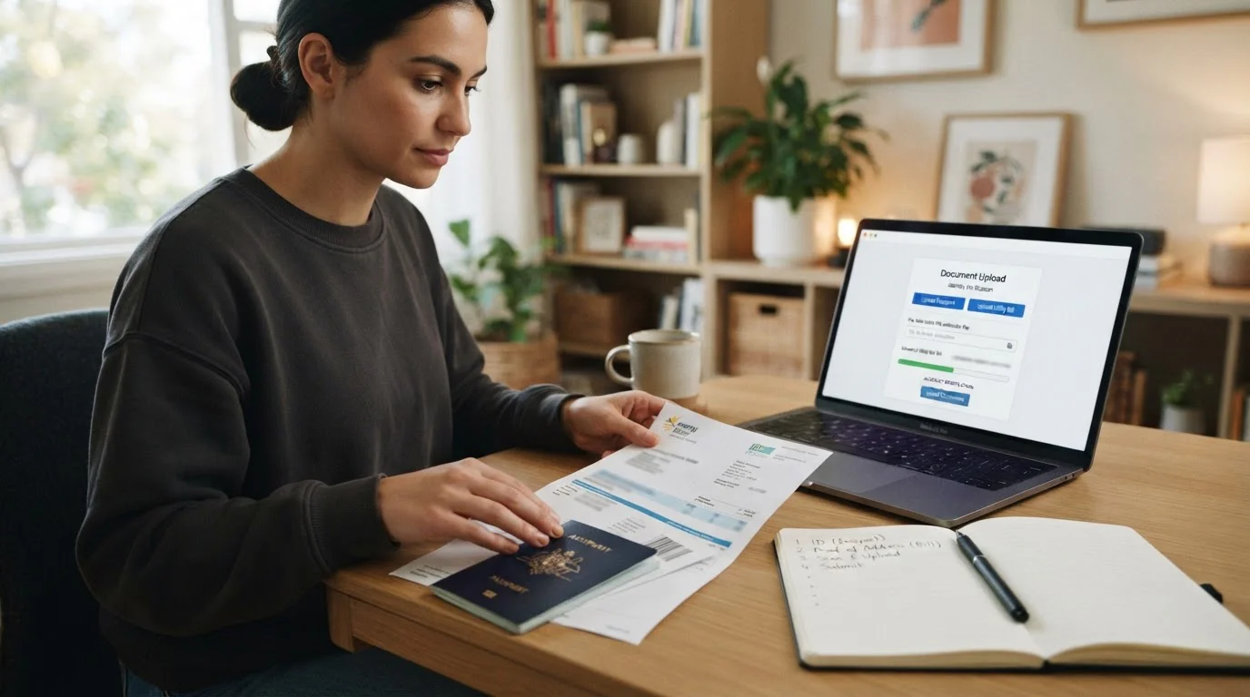 Person reviewing casino account verification documents with ID and proof of address ready