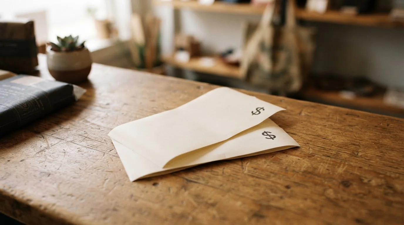 Photorealistic composition of blank prepaid voucher receipts with generic PIN codes stacked on a wooden counter, a small denomination symbol printed in the corner, no brand marks