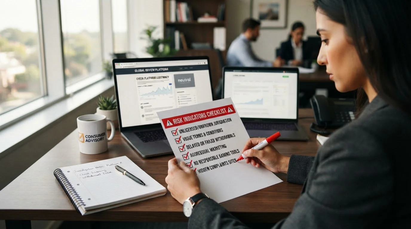 Warning checklist for identifying scam casinos with red marker highlighting risk indicators